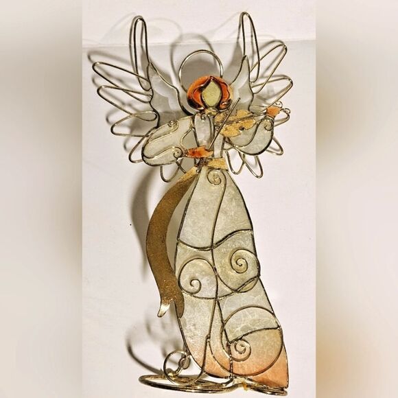 Christmas Angel Figure Playing Violin Wire & Capiz Shell - Picture 1 of 5